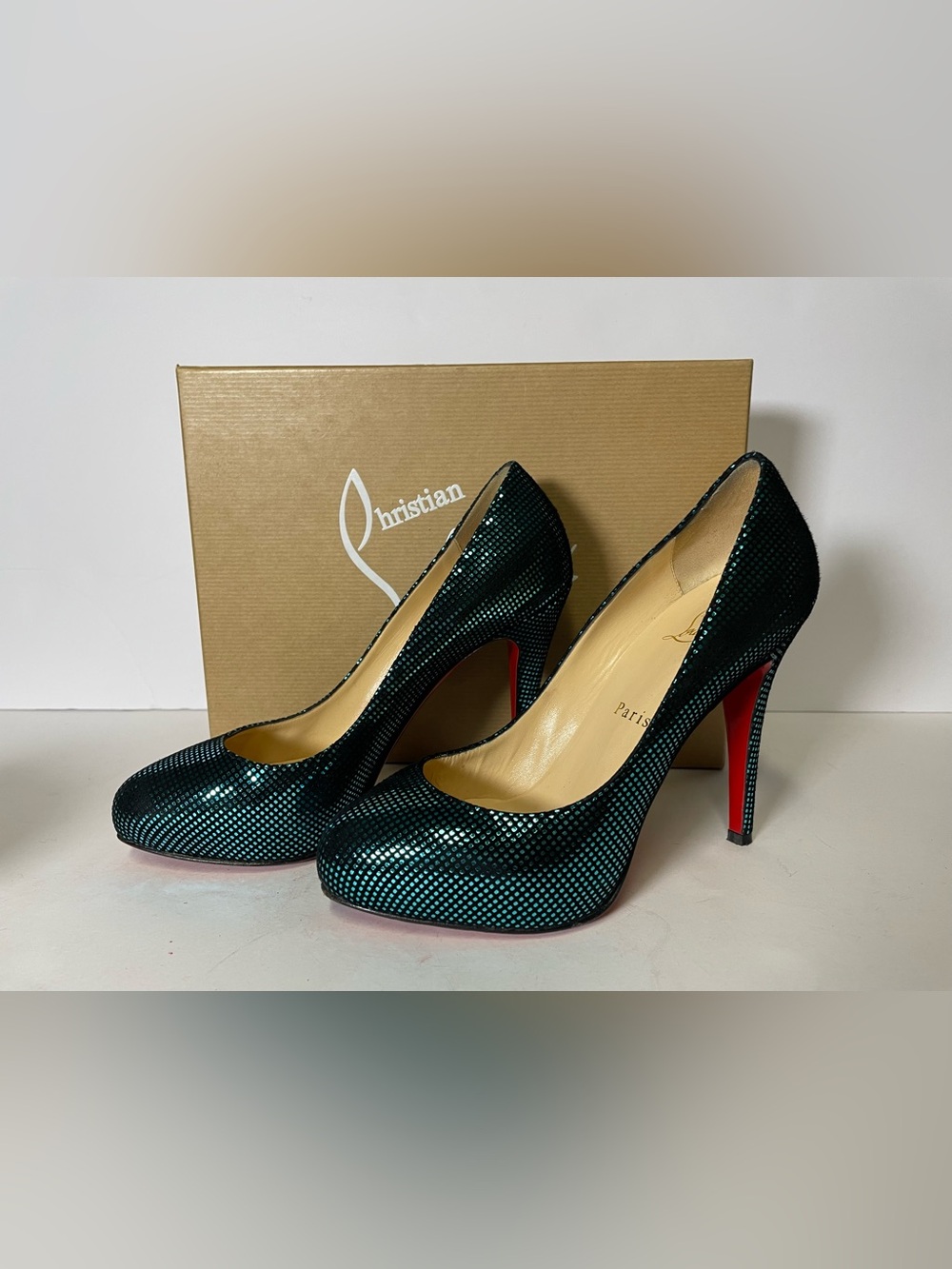 Christian Louboutin Declic embossed suede pumps heels turquoise 37/6.5